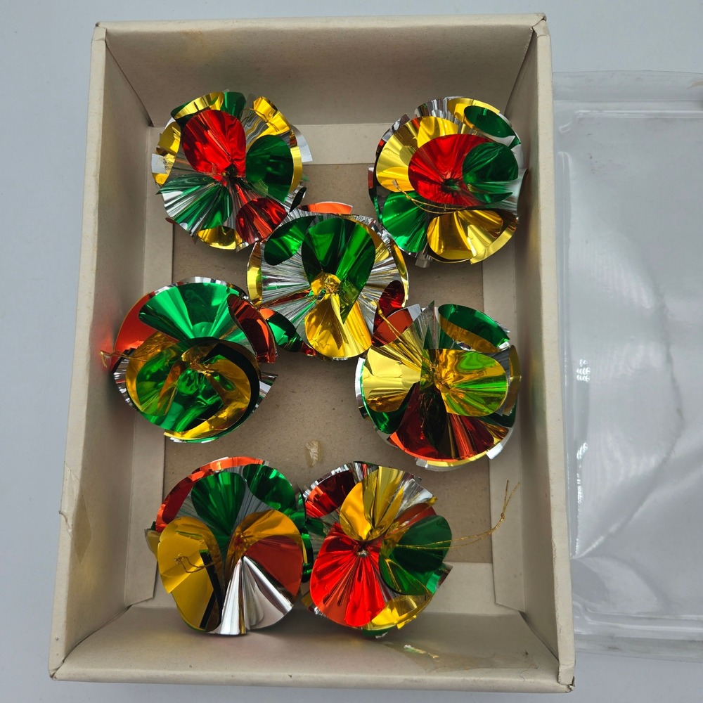 Vintage Atomic Pom Pom Foil Christmas Ornaments Set of 7 Orig Box Colorful MCM